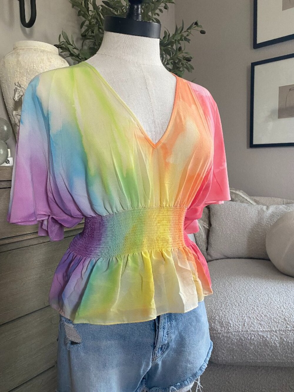Matthew Williamson | Rainbow Watercolor Smocked Flutter Sleeve Top